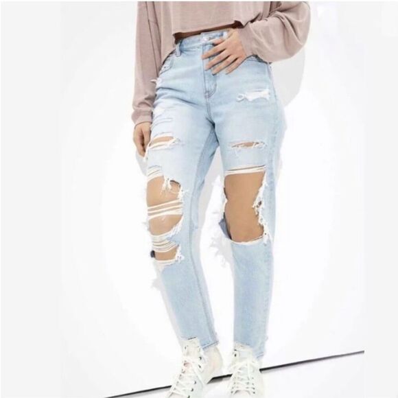 American Eagle Mom Jean Comfort Stretch Waistband Destroyed Ripped Jean Light 0 - Picture 1 of 13